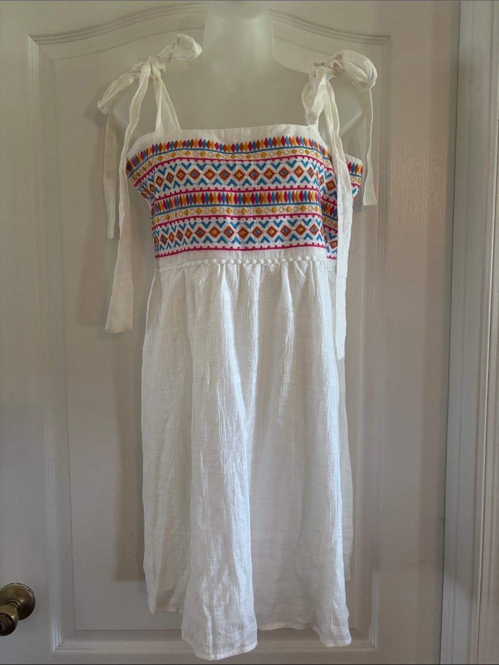 Savanna Jane White Tie-Shoulder Sundress with Colorful Embroidered Bodice